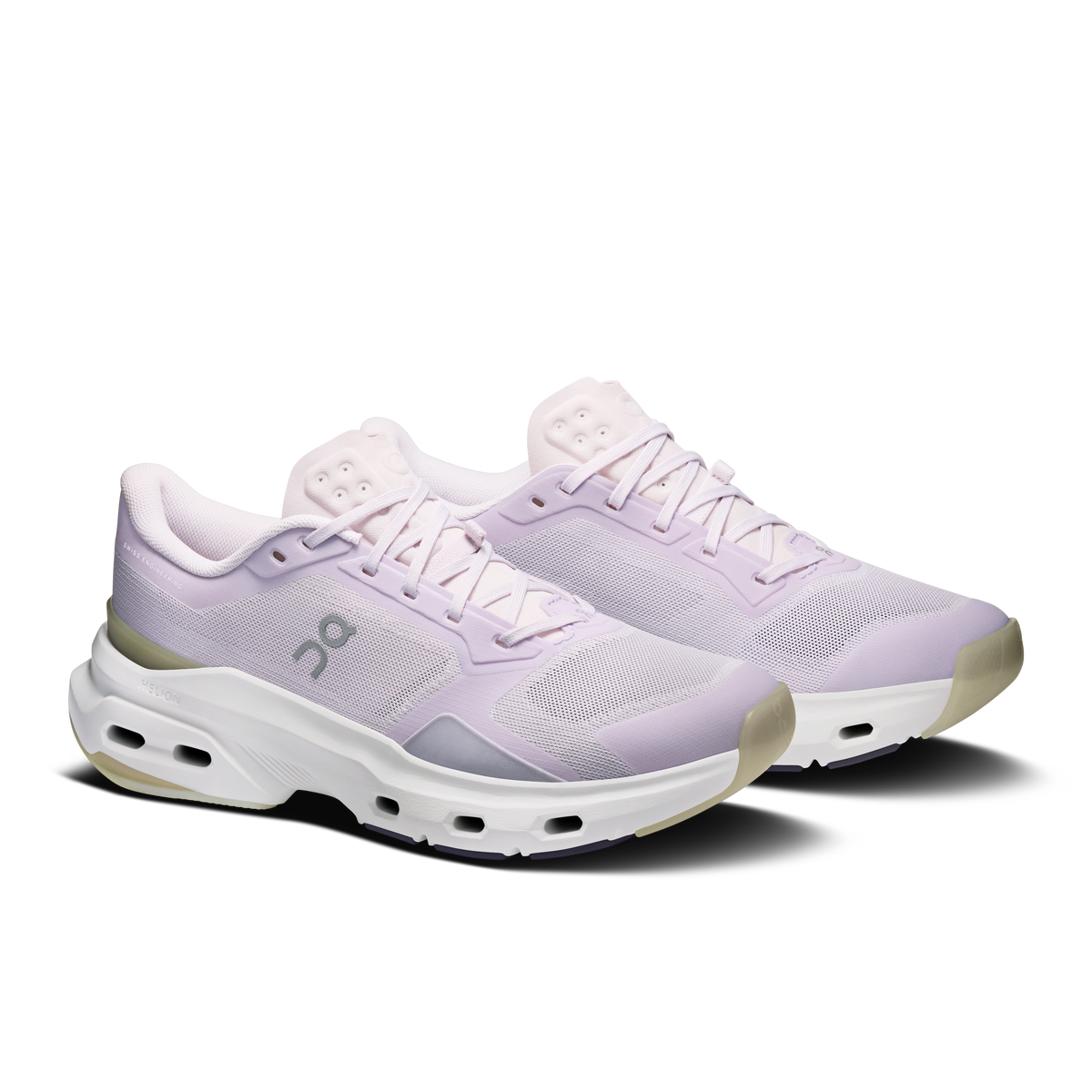 Women's light purple lace-up running shoes with On logo and white cushioning sole