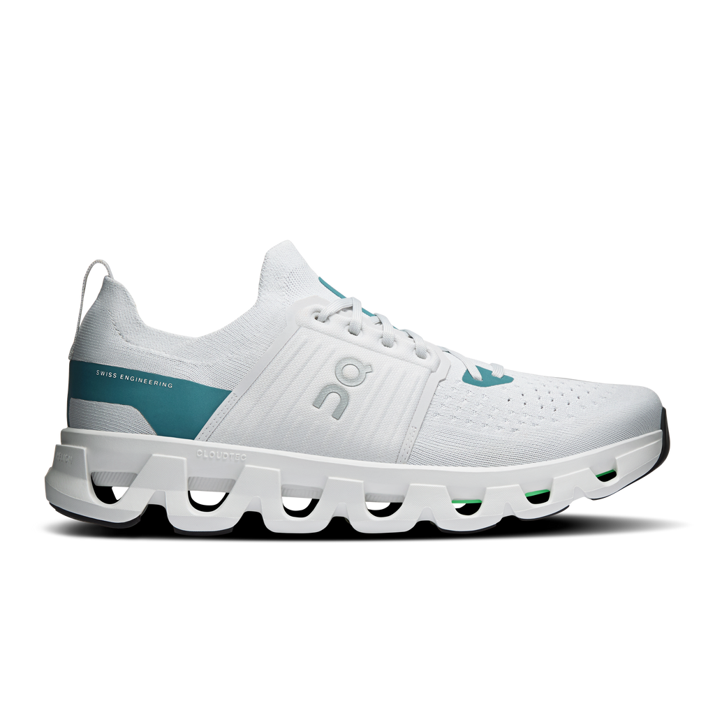Men's white running shoes with teal accents and CloudTec-style cushioned sole