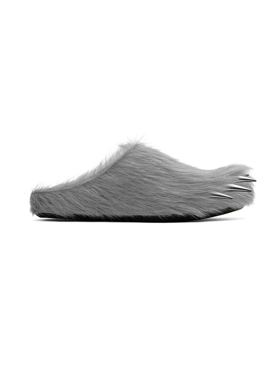 Grey faux-fur slip-on mules with bear-claw toe points