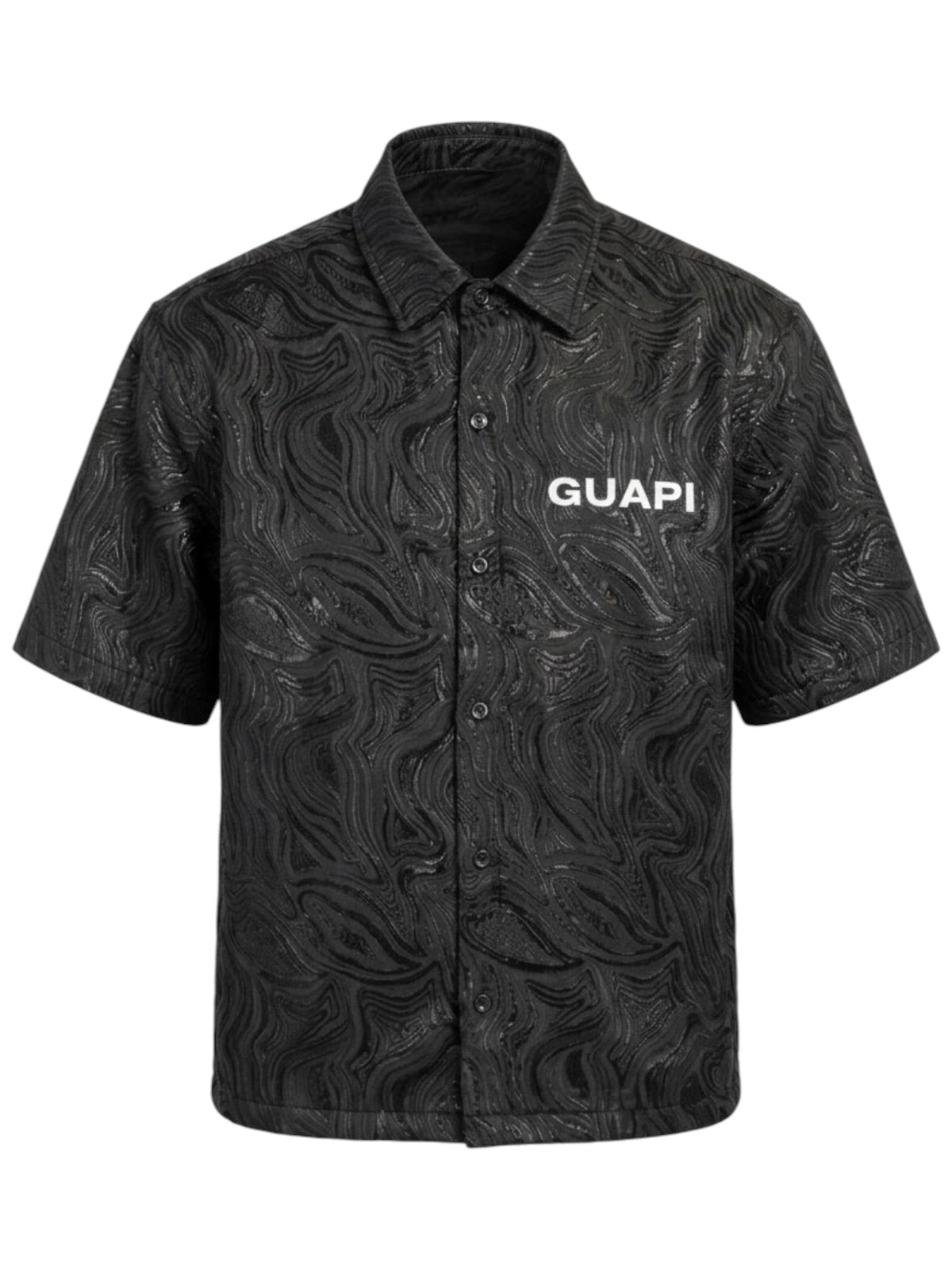 Men's black short-sleeve button-up shirt, GUAPI logo, wavy texture print