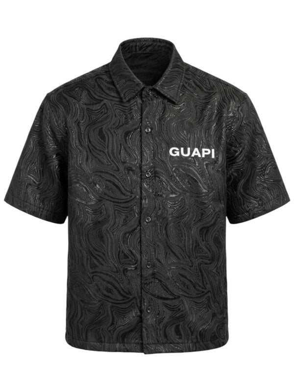 Men's black short-sleeve button-up shirt, GUAPI logo, wavy texture print