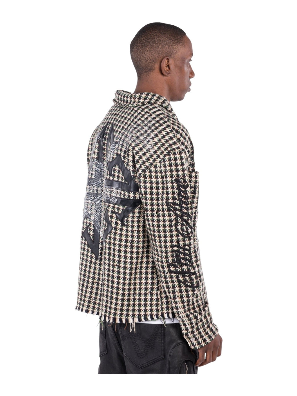 Men’s reverse side view houndstooth shirt with black graphic patch panel at back