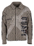 Men’s houndstooth button-up shirt with black graphic patch and stitched seam accents