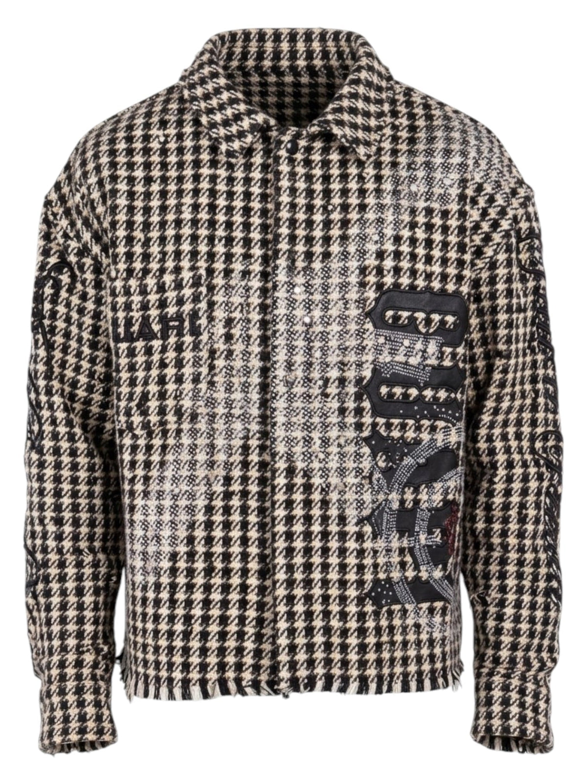 Men’s houndstooth button-up shirt with black graphic patch and stitched seam accents