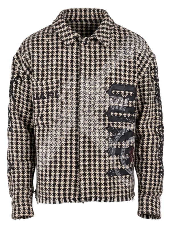 Men’s houndstooth button-up shirt with black graphic patch and stitched seam accents
