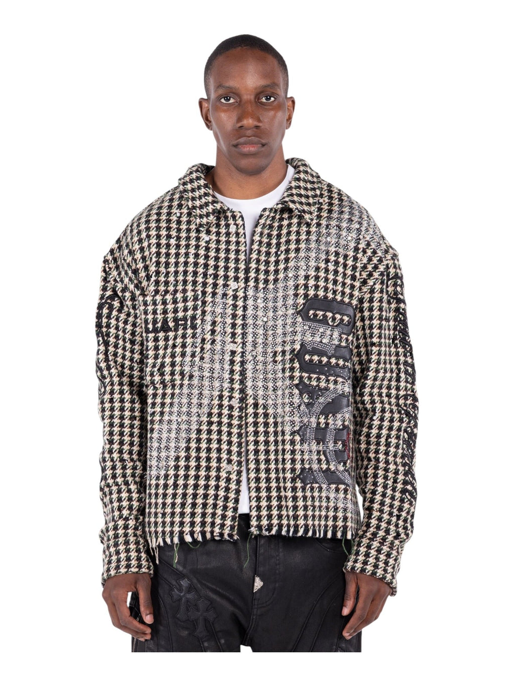 Men’s houndstooth pattern jacket shirt with front graphic patch panel and long sleeves