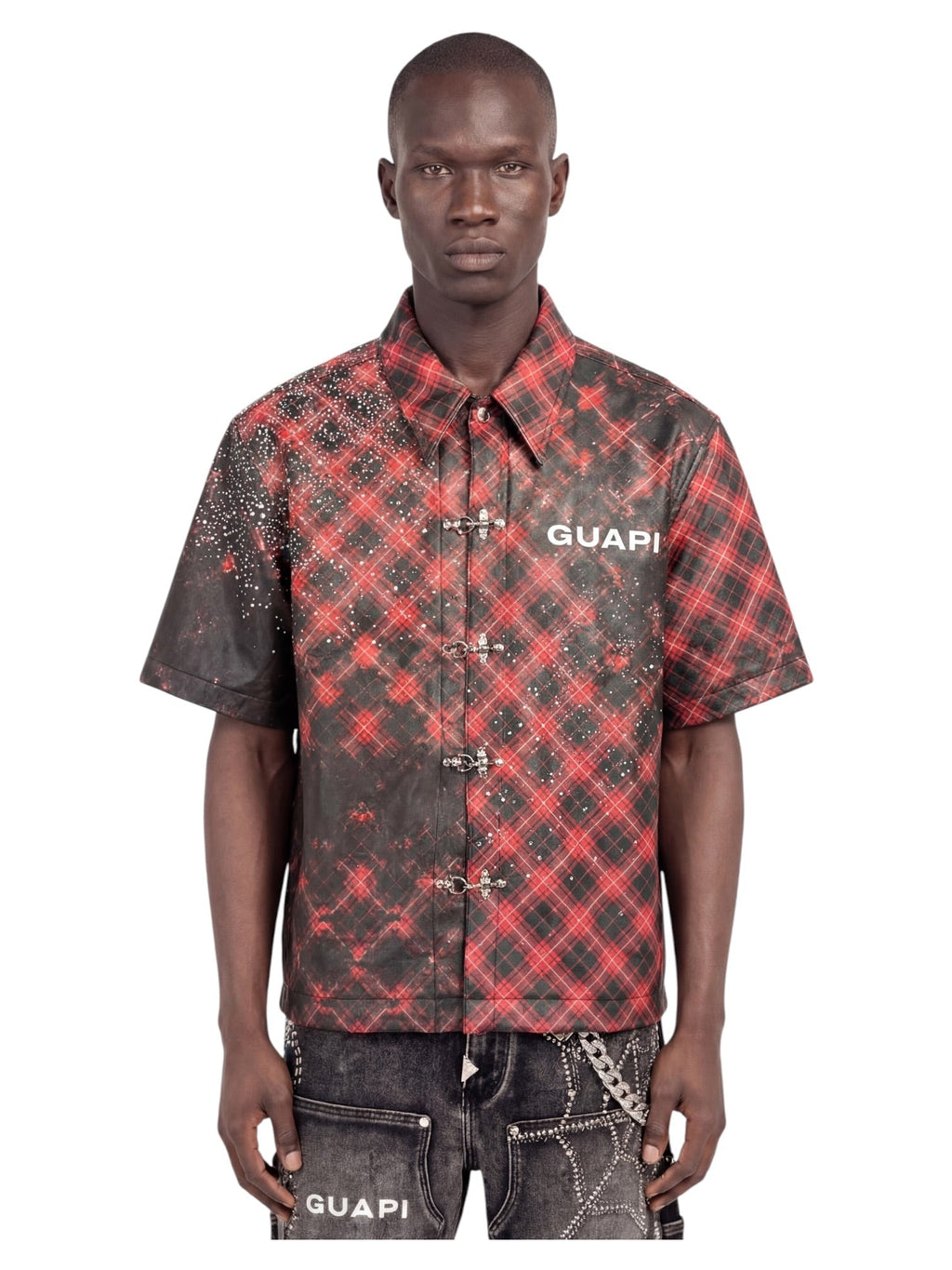 Men's vintage leather short-sleeve shirt, red plaid, button front, GUAPI chest logo