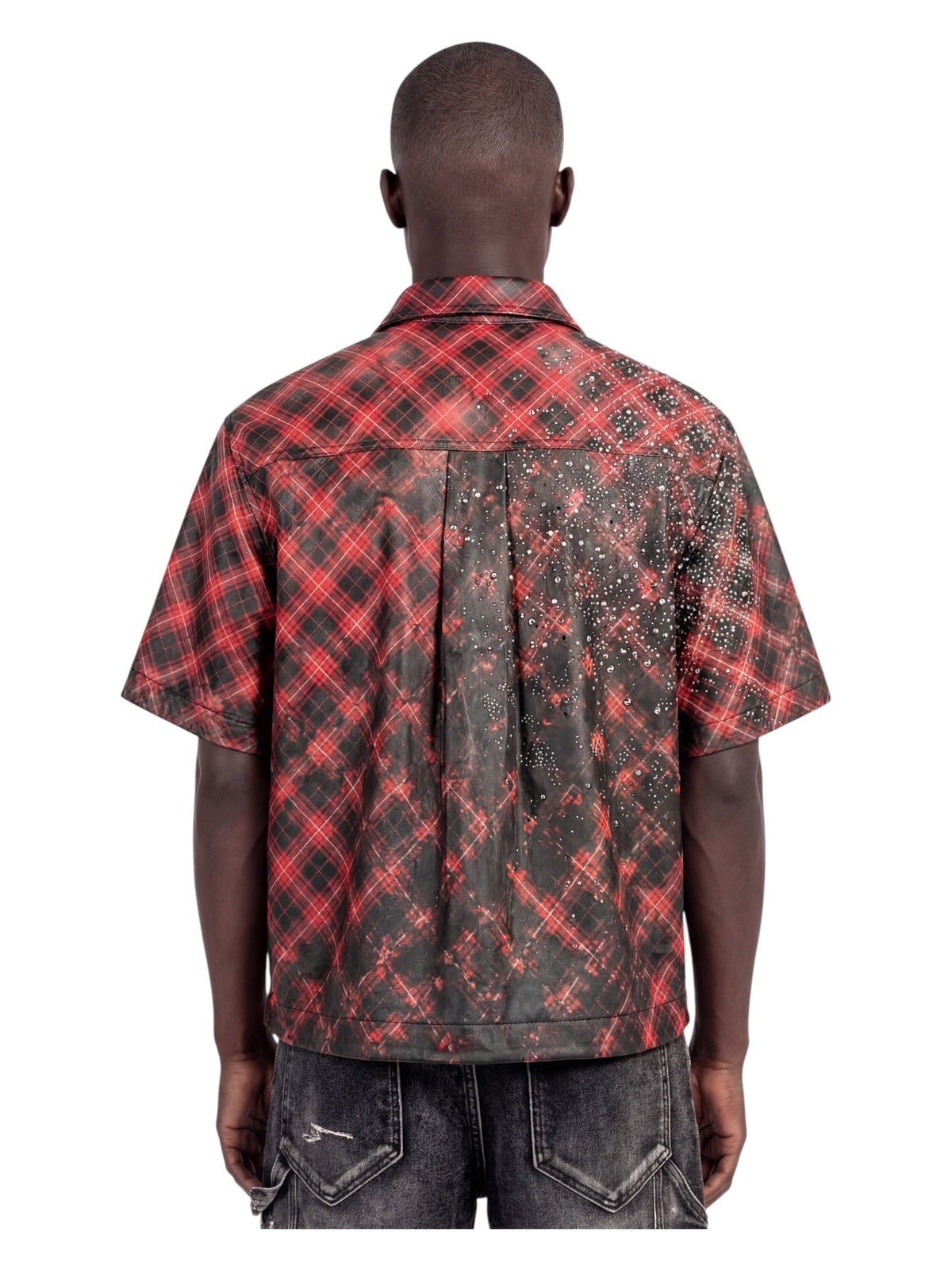 Men's vintage leather short-sleeve shirt, red plaid back with yoke seam, short sleeves