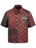 Men's vintage leather short-sleeve shirt, red plaid on dark base, GUAPI chest logo