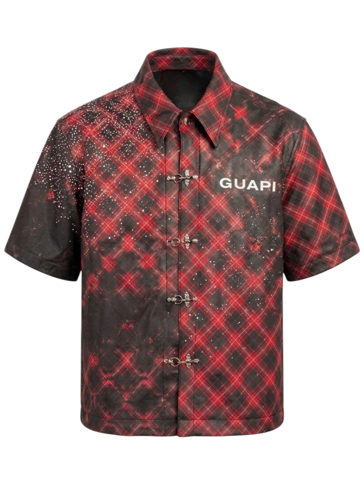 Men's vintage leather short-sleeve shirt, red plaid on dark base, GUAPI chest logo
