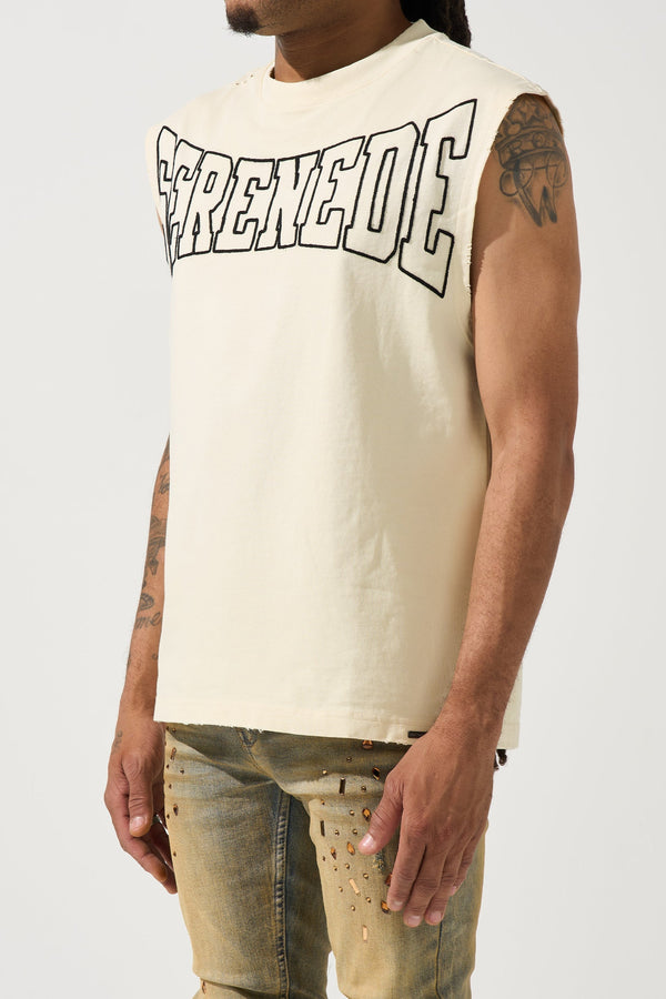 Men's ivory tank top with bold SERENED logo print across chest