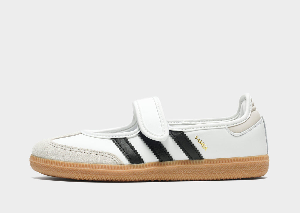 Kids' Samba Jane sneakers in white with black stripes and gum rubber sole