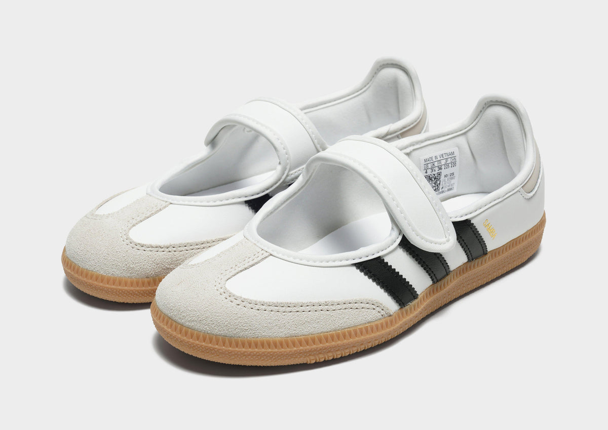 Kids' Samba Jane sneakers with white uppers, hook-and-loop strap, and gum soles