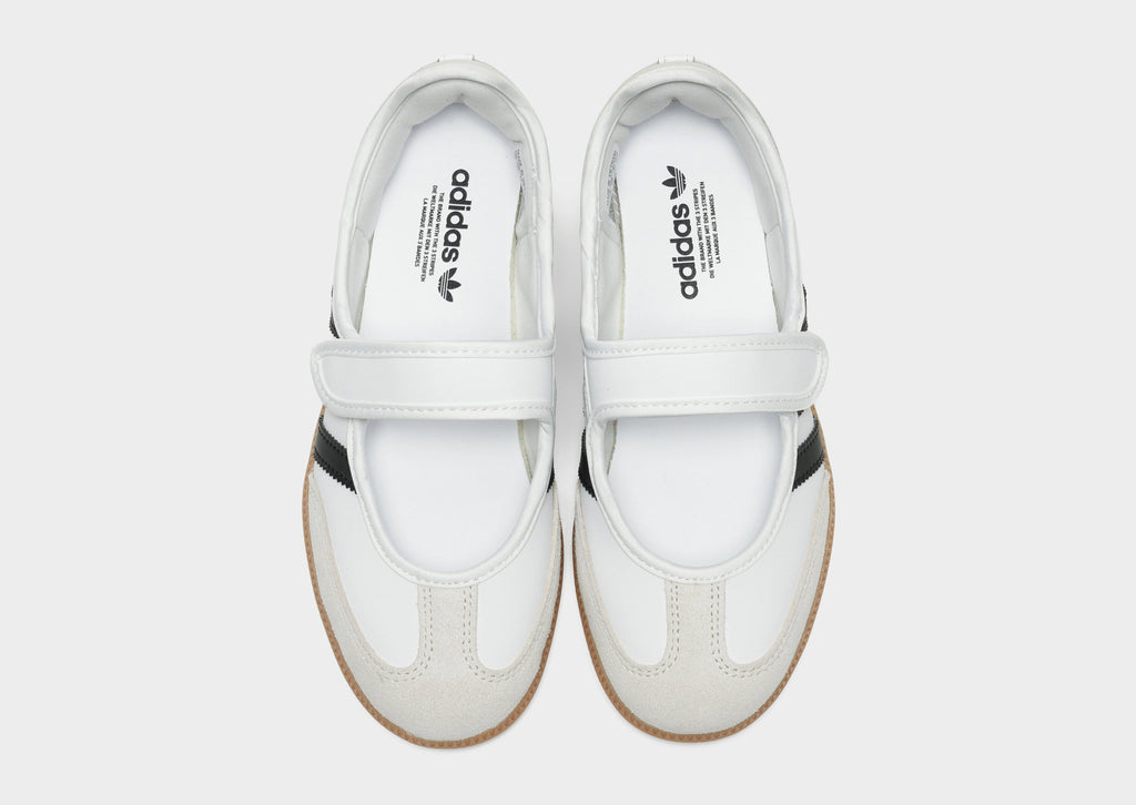 Kids' Samba Jane shoes with adidas logo on insoles and white hook-and-loop straps
