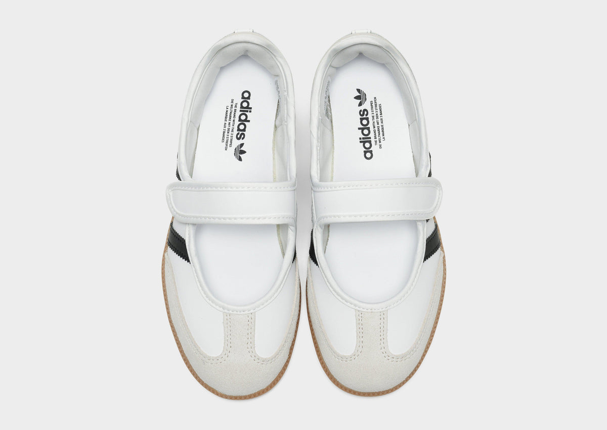 Kids' Samba Jane shoes with adidas logo on insoles and white hook-and-loop straps
