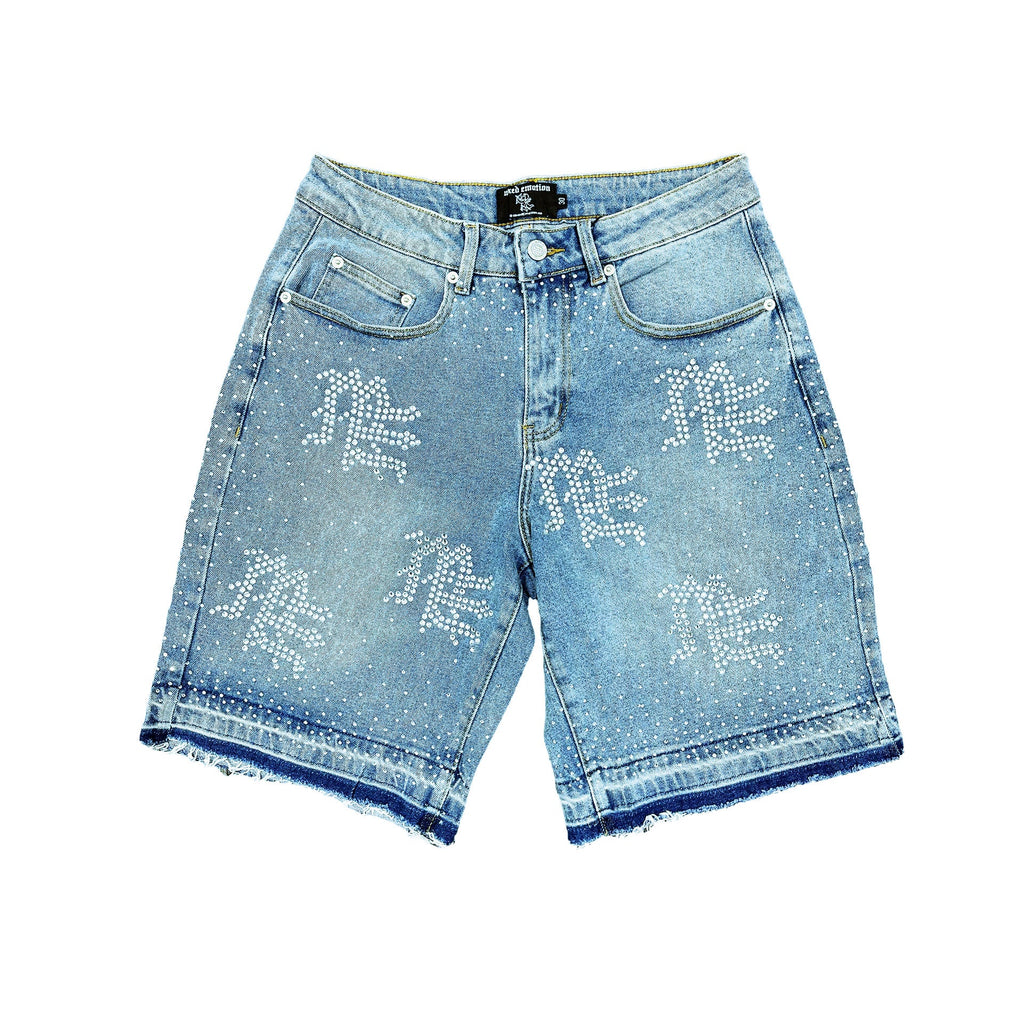 Men's blue denim shorts with rhinestone cross-style front accents and belt loops