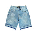 Men's blue denim shorts with rhinestone cross-style front accents and belt loops