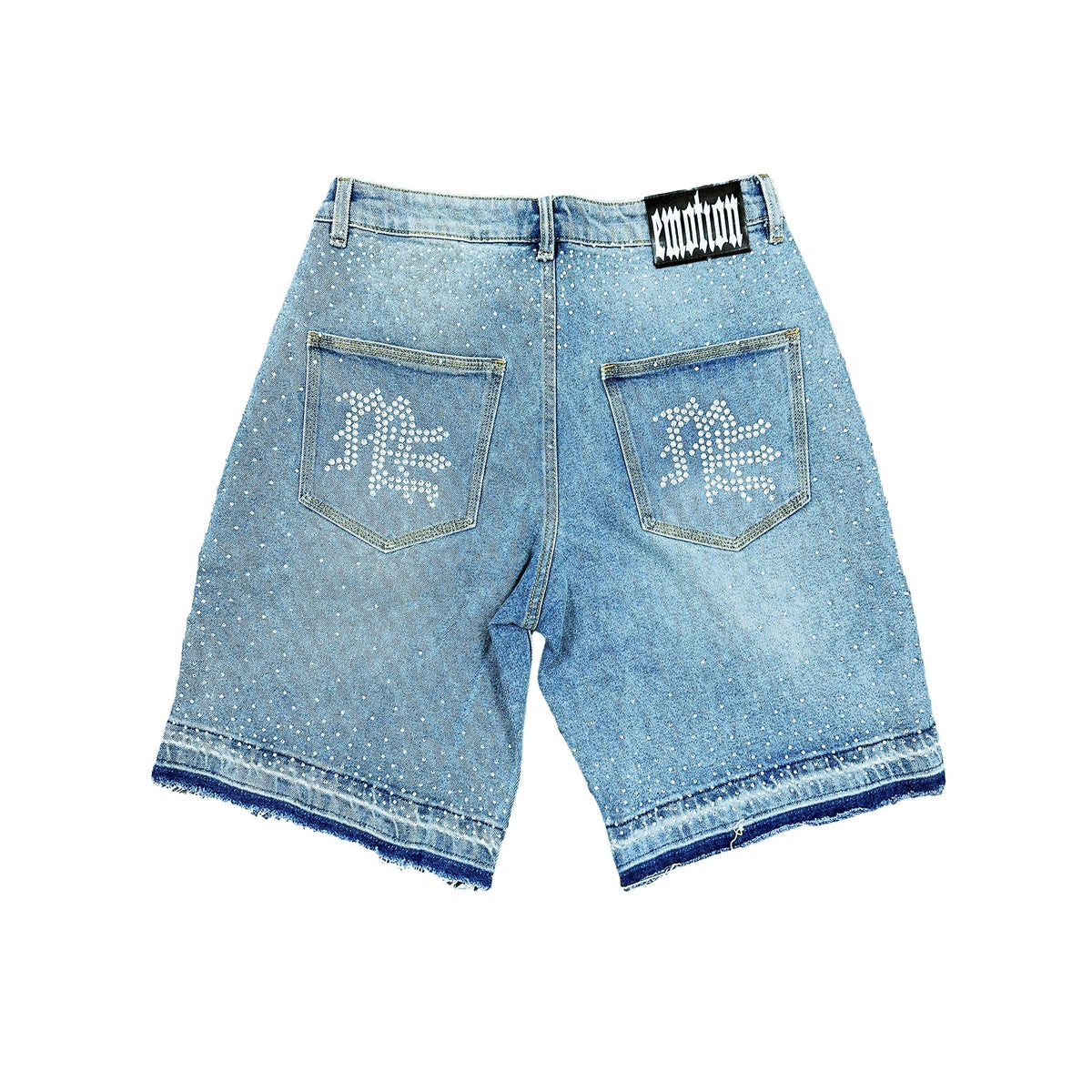 Men's blue denim shorts with rhinestone back pocket designs and frayed hem
