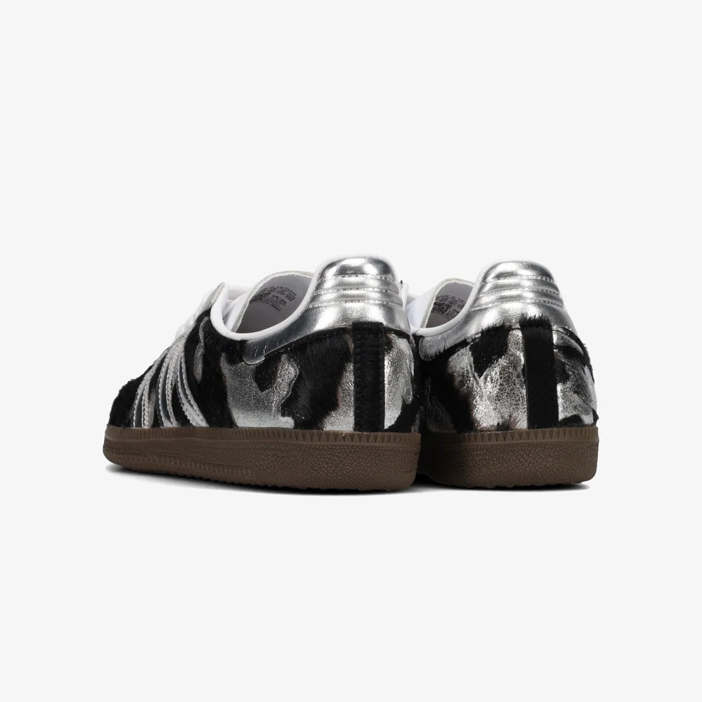 Samba OG pony hair sneakers, rear view with silver metallic heel and gum sole