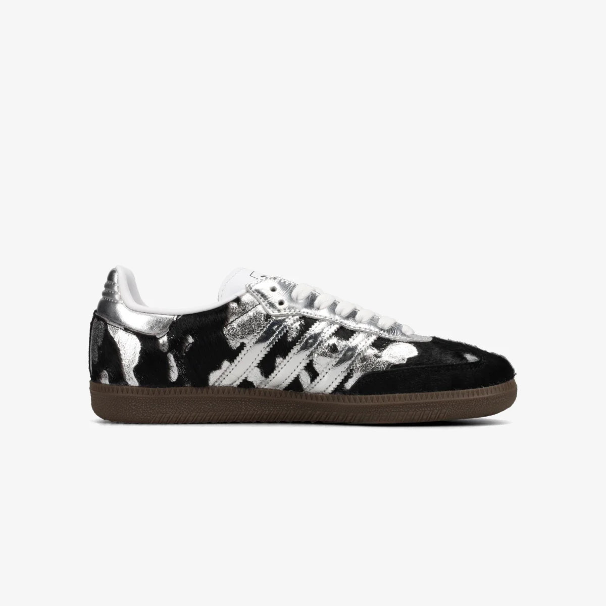 Samba OG pony hair sneakers, side profile in black with metallic silver detailing