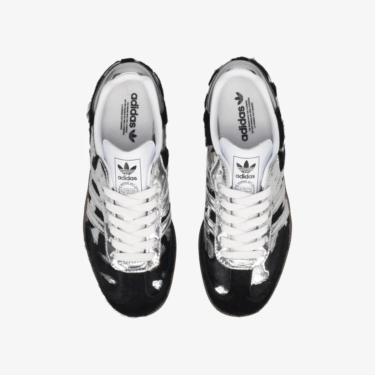 Samba OG pony hair sneakers, white laces with black uppers and metallic silver toe