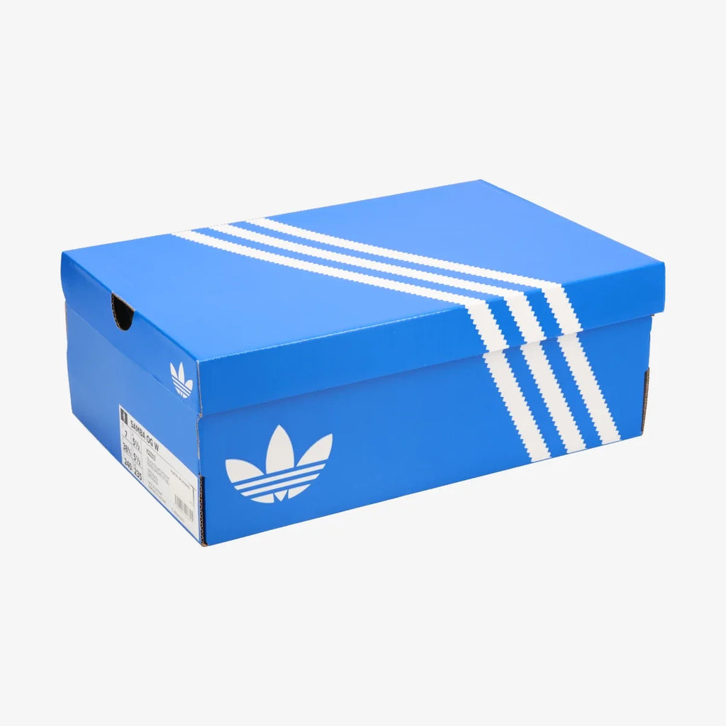 Adidas shoe box with blue and white trefoil stripes