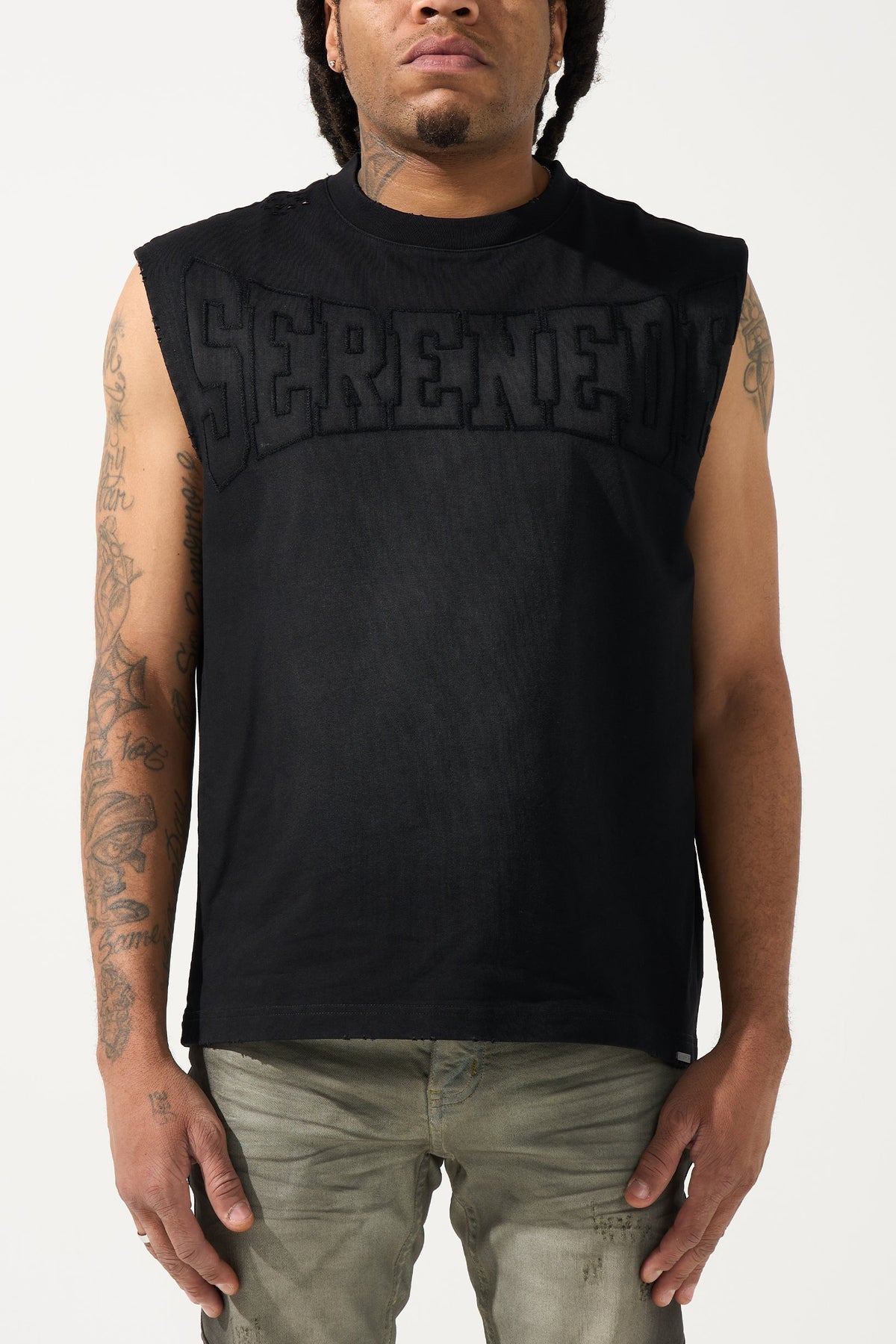 Men's black tank top with large front SERENE logo print