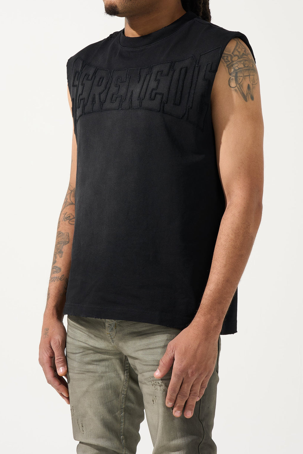 Men's black tank top with raised logo across the chest