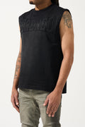 Men's black tank top with raised logo across the chest