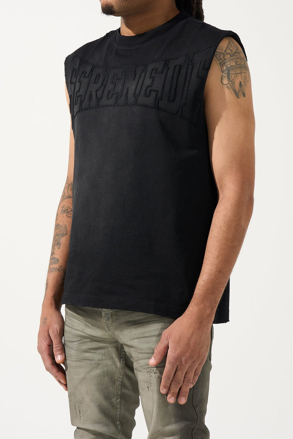 Men's black tank top with raised logo across the chest