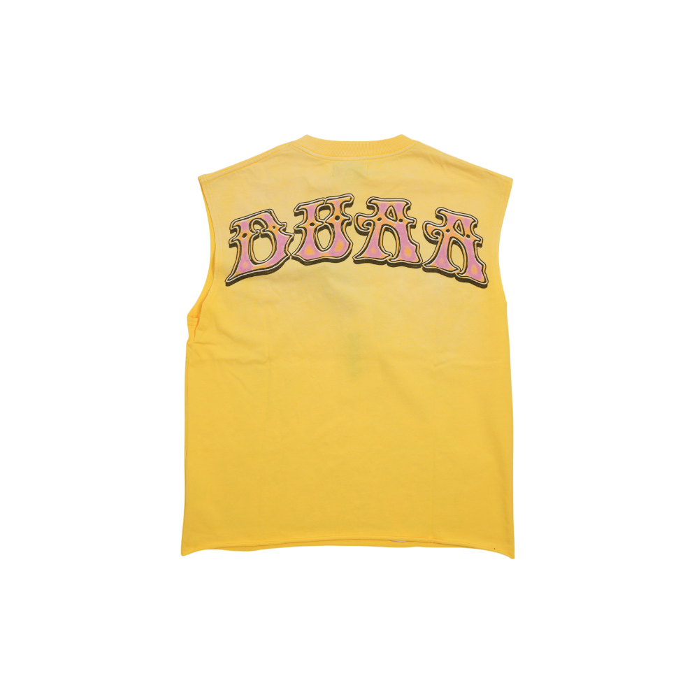 Men's yellow sleeveless tank top with back large letter graphic