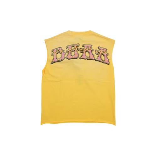 Men's yellow sleeveless tank top with back large letter graphic