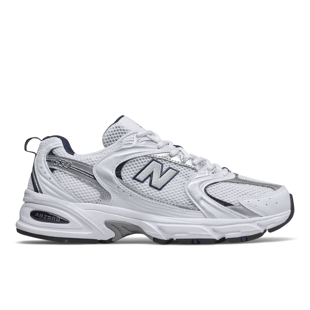 White New Balance 530 lace-up sneakers with navy accents, mesh upper and N logo