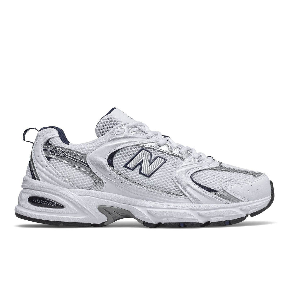 White New Balance 530 lace-up sneakers with navy accents, mesh upper and N logo