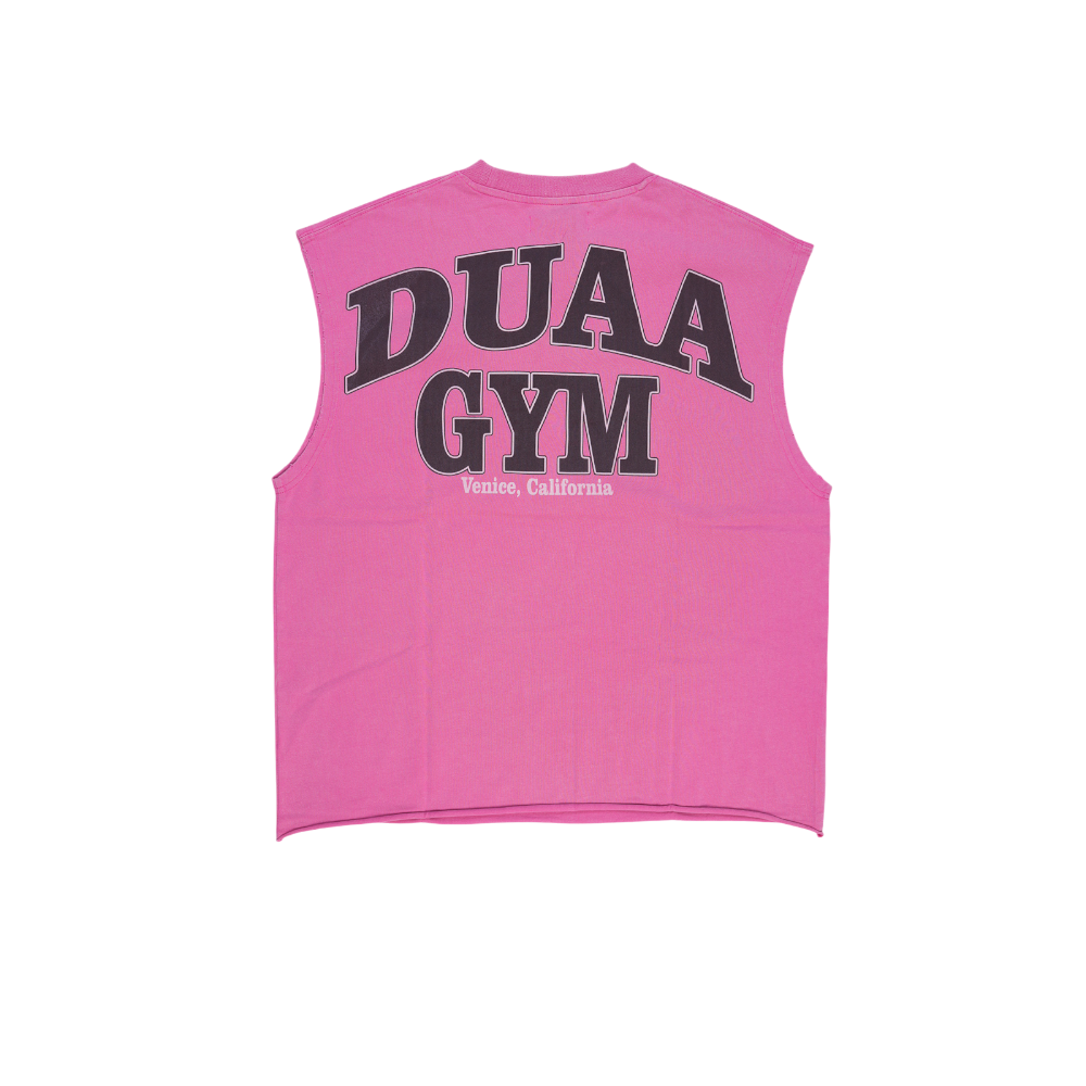 Men's pink cutoff gym tank top with back DUAA and GYM text graphic