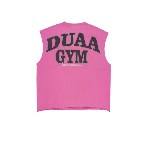 Men's pink cutoff gym tank top with back DUAA and GYM text graphic