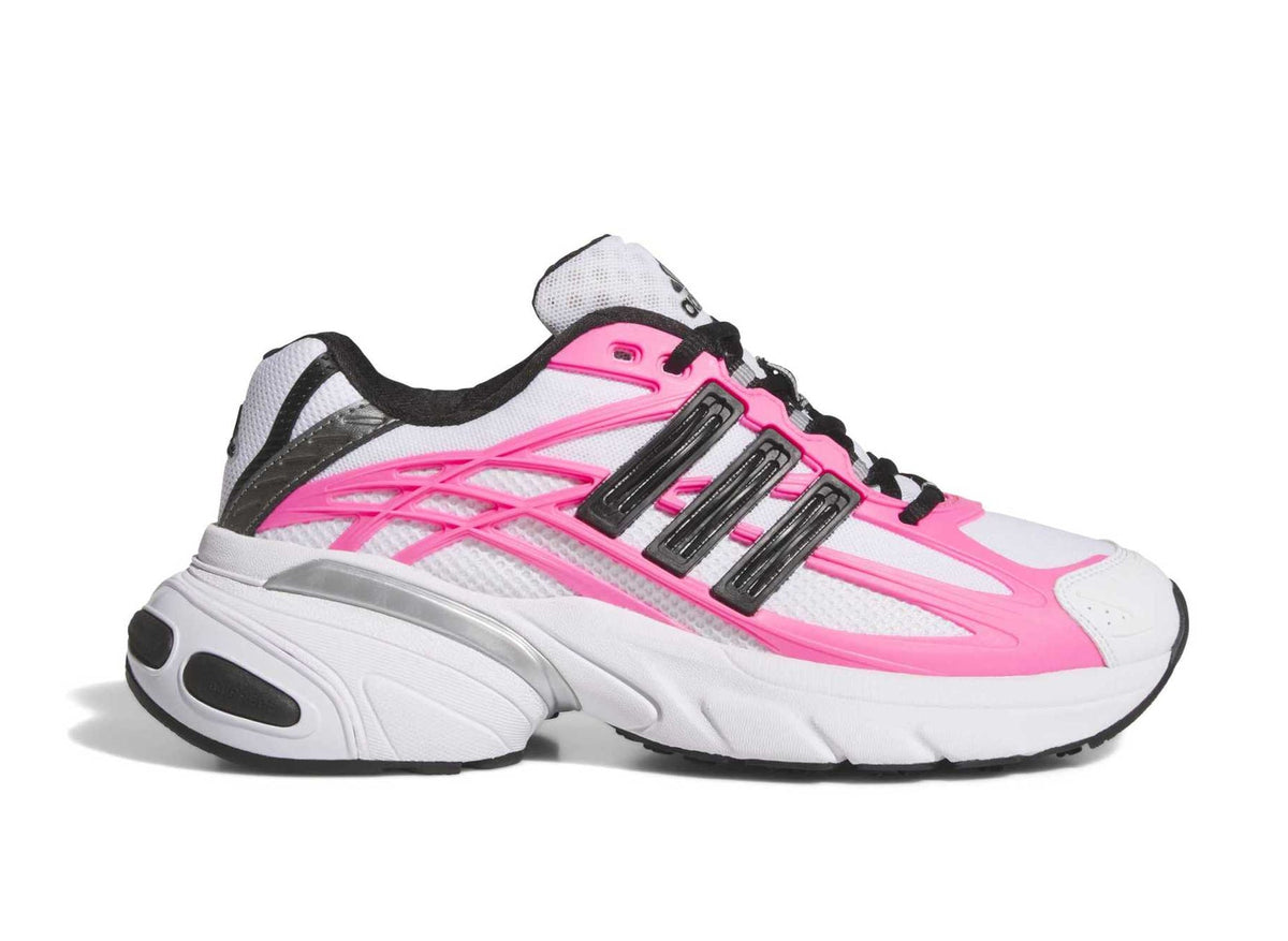 Women’s running shoes with pink and black mesh upper, silver cage straps