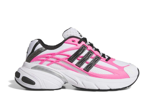 Women’s running shoes with pink and black mesh upper, silver cage straps