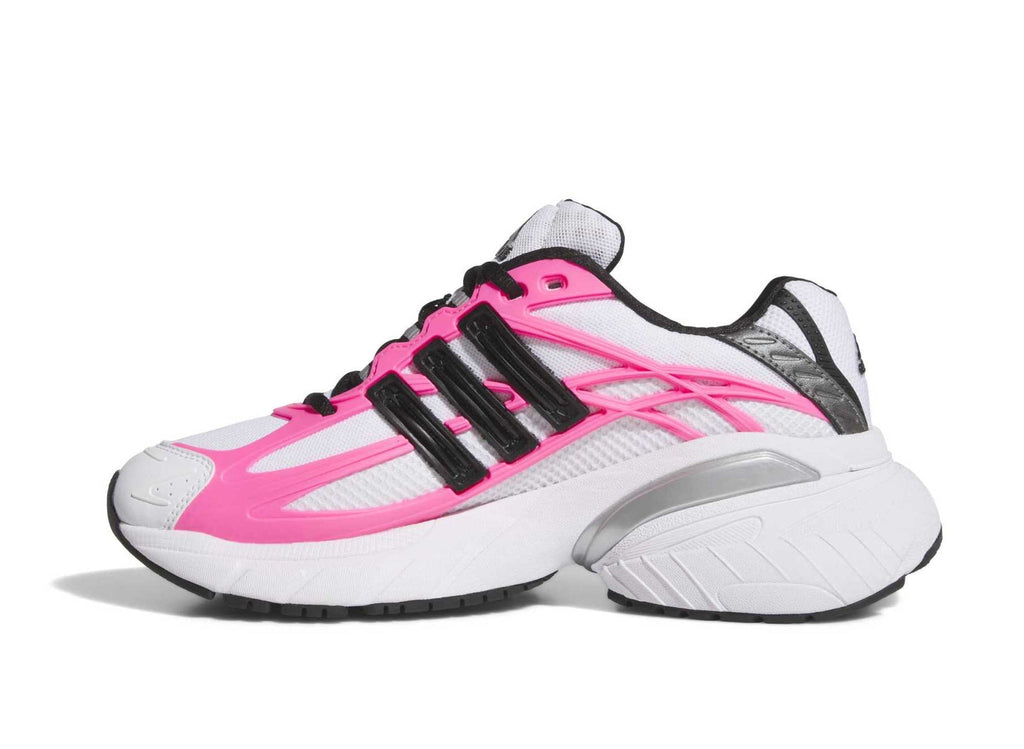 Women’s cushioned running shoes in pink and white with black stripe overlay