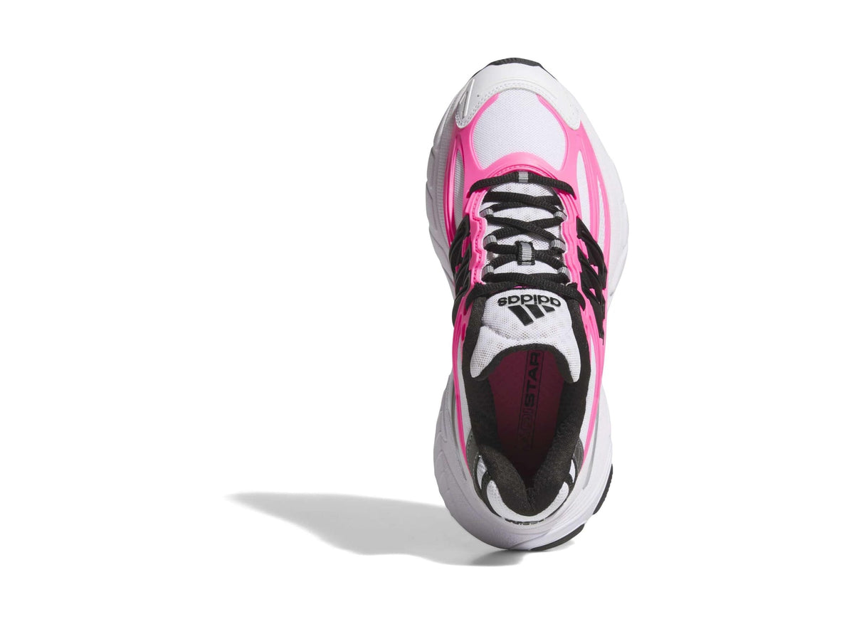 Women’s running shoe front view, pink accents and black laces