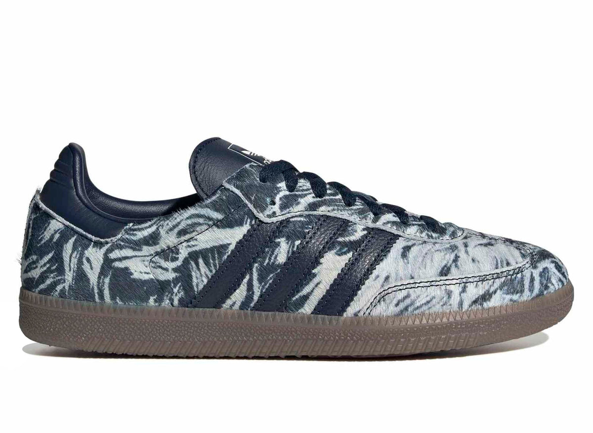 Adidas Samba OG pony hair sneakers in dark blue with off-white zebra pattern