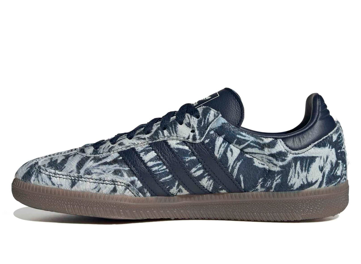 Adidas Samba OG pony hair sneakers, front 3/4 view in dark blue and off-white