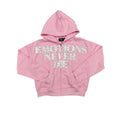 Pink rhinestone graphic zip-up hoodie with front text and drawstring hood