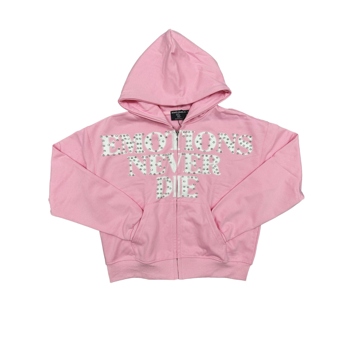 Pink rhinestone graphic zip-up hoodie with front text and drawstring hood
