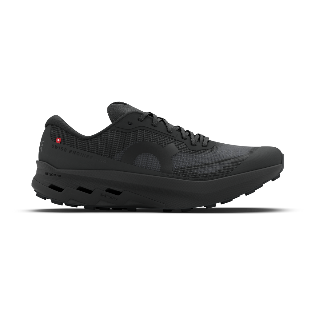 Men's On running shoes, black mesh upper with lace-up and cushioned sole