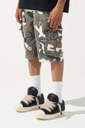Men's camo cargo shorts with front cargo pockets and decorative flower patches