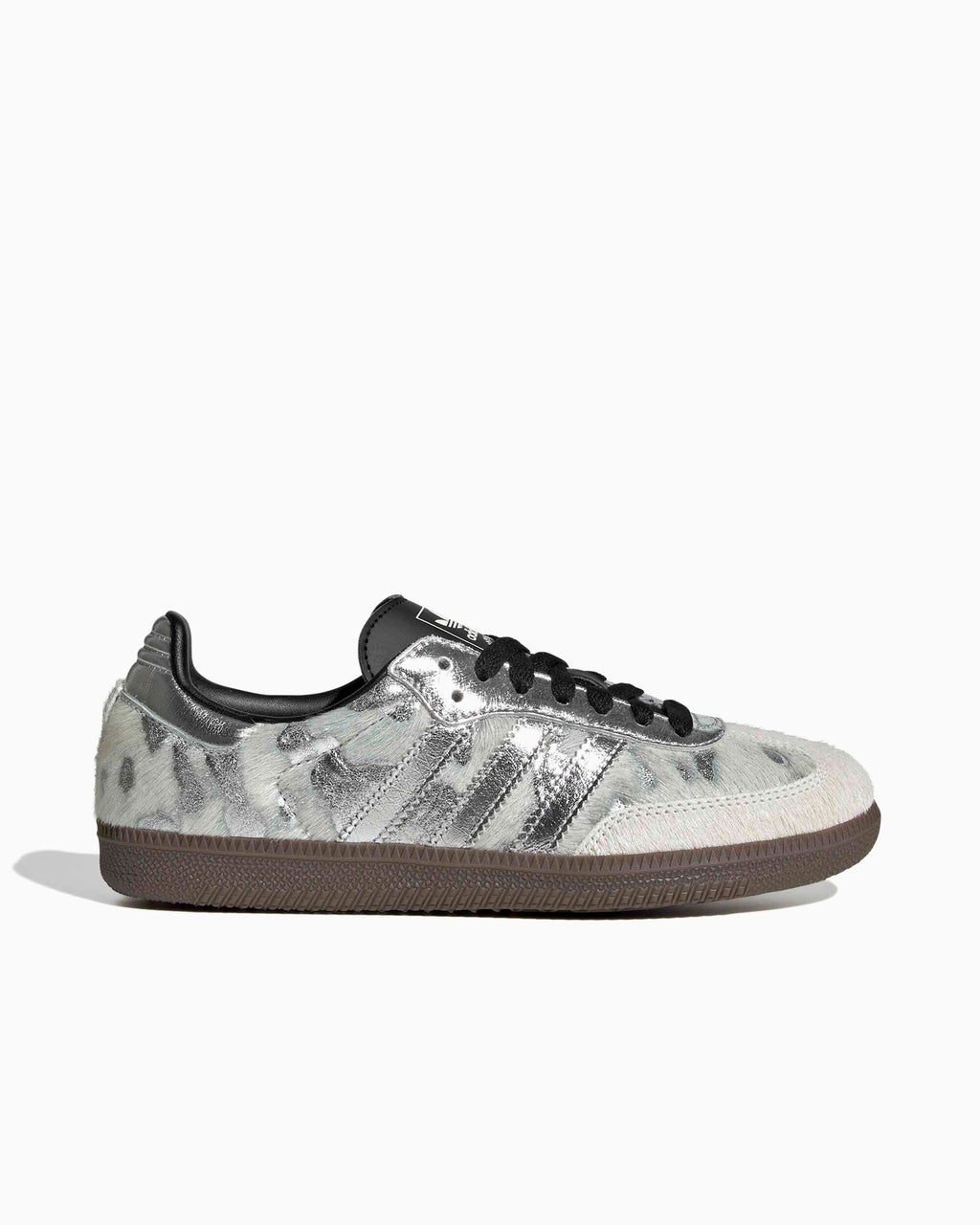 Adidas Samba OG shoes with metallic silver pony-hair upper, black laces, gum sole