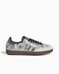 Adidas Samba OG shoes with metallic silver pony-hair upper, black laces, gum sole