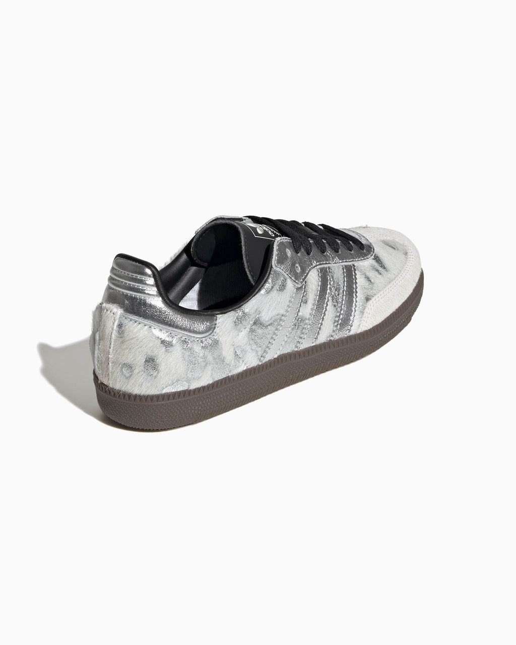 Adidas Samba OG heel view with silver pony-hair upper, black collar lining