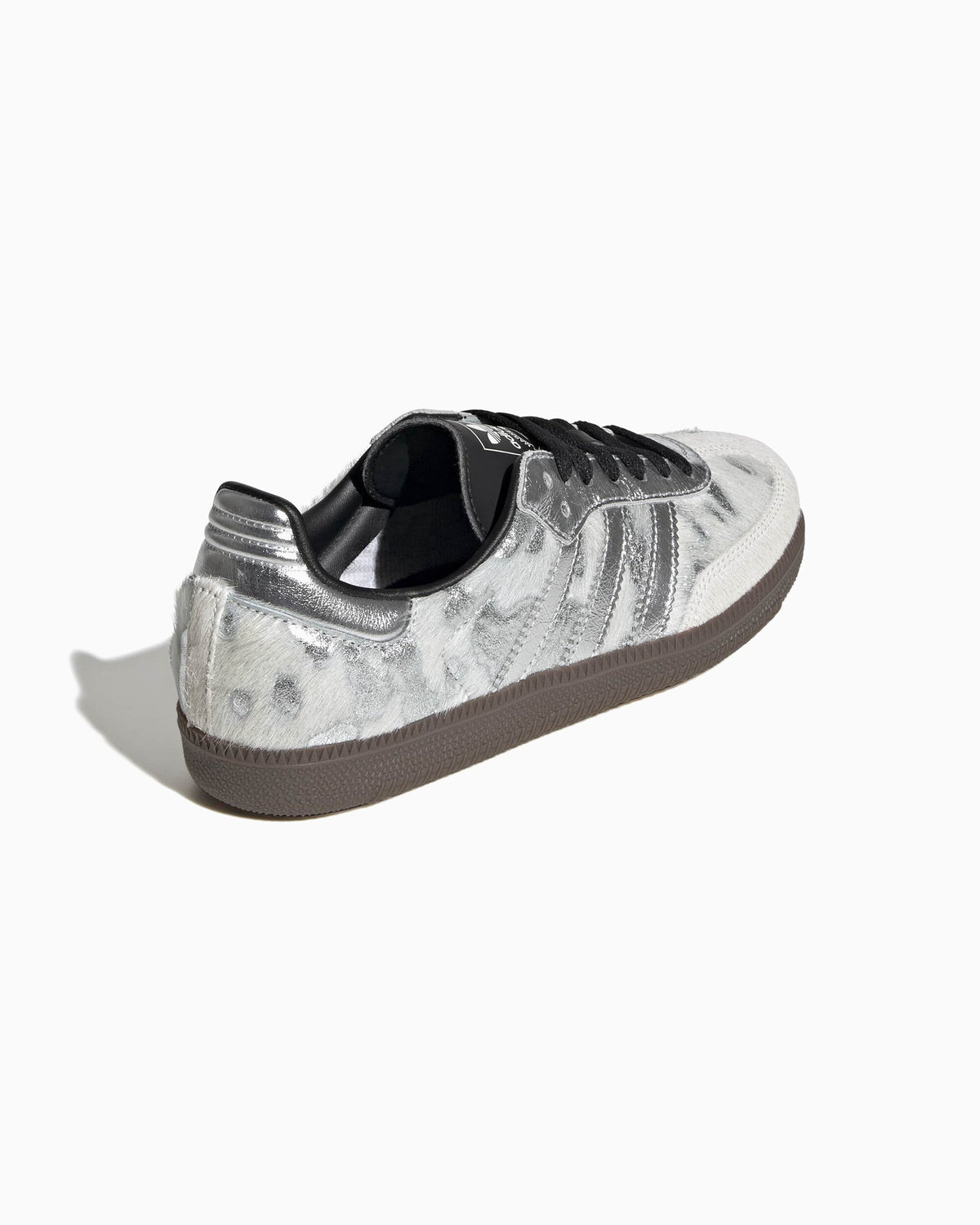 Adidas Samba OG heel view with silver pony-hair upper, black collar lining